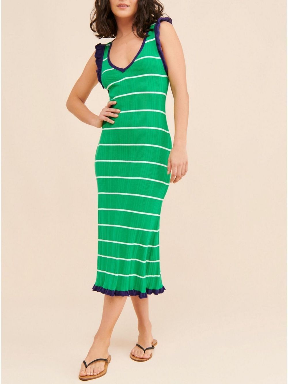 Anthropologie Green White Striped Maxi Dress with Navy Trim Large Petite